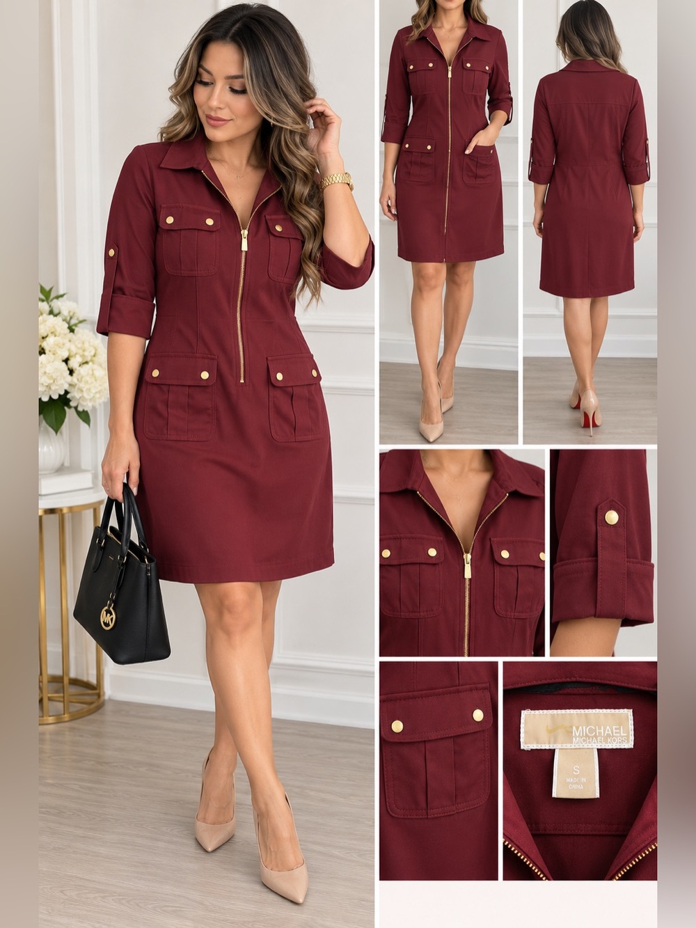 Michael Kors Burgundy Zip Front Utility Shirt Dress Size Small